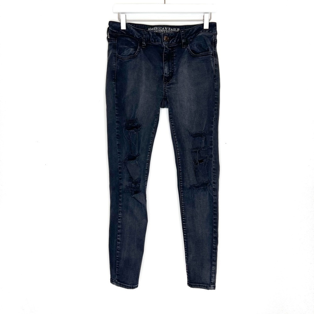 American Eagle Super Super Stretch Jeggings Black Distressed
